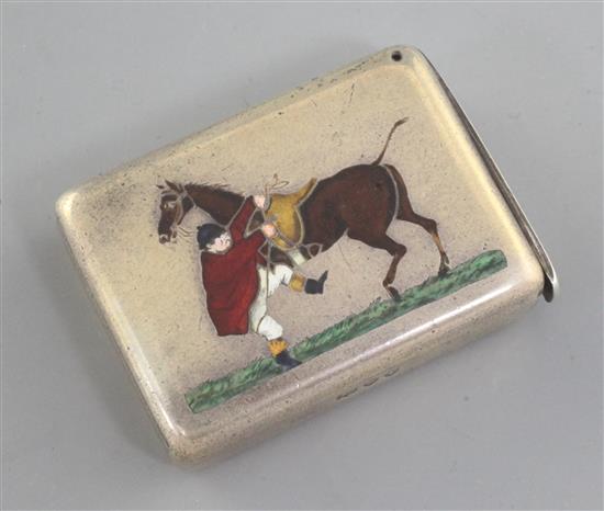 A late Victorian novelty silver and enamel vesta case, 48mm.